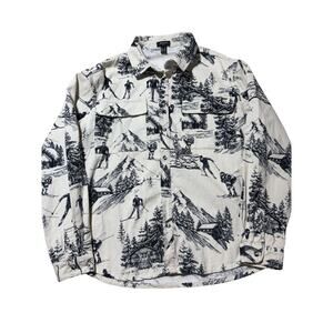 Forever 21 Mens XL White & Black Evergreen Ski Theme Corduroy Button Down Shirt